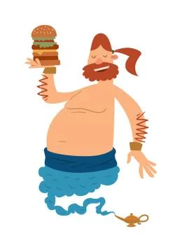 Cartoon fat boy gin with large hamburger coming out of a magic lamp flat vector Stock Illustration