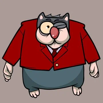 Cartoon fat cat in a red jacket with a tie looks surprised Stock Illustration