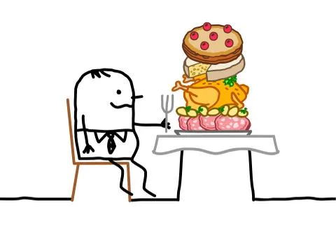 Cartoon fat man sitting a a table, with a too big pile of food in his plate Stock Illustration