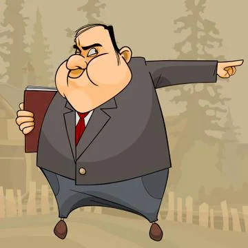 Cartoon fat man in a suit and a book angrily points his hand Stock Illustration