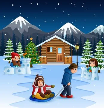 Cartoon father pulling a son on a sled in winter background Stock Illustration