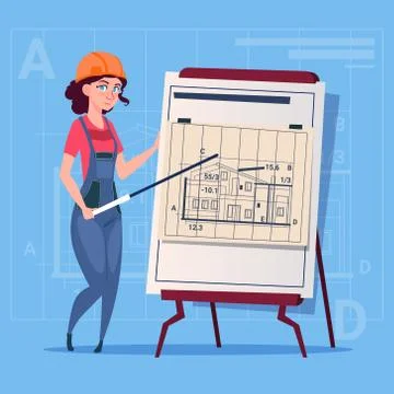 Cartoon Female Builder Explain Plan Of Building Blueprint Wearing Uniform And Illustrazione stock