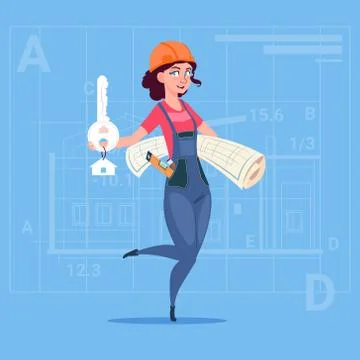 Cartoon Female Builder Holding Key From New House And Blueprint Over Abstract Stock Illustration