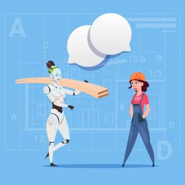 Cartoon Female Builder Working With Robot Carry Planks Modern Building Ilustración de archivo