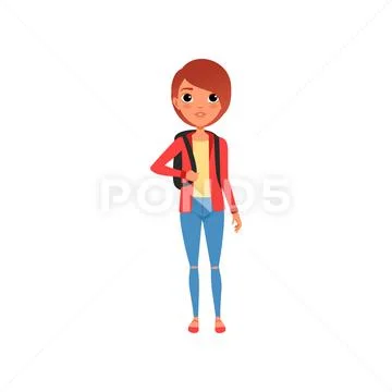 Cartoon female character in red jacket, yellow t-shirt and blue jeans. Girl with Stock Illustration