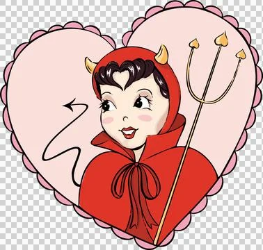 Cartoon female devil is posing inside pink heart frame with golden trident, Stock Illustration