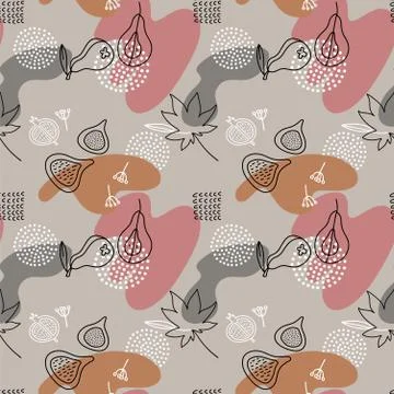 Cartoon Fig , paear, dots Vector Seamless Pattern in line art style with colo Illustrazione stock
