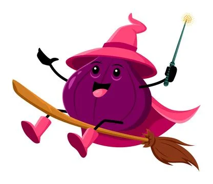 Cartoon figs fruit wizard character riding broom Stock Illustration