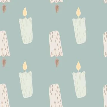 Cartoon fika seamless pattern with simple candle ornament. Blue pastel backgr Stock Illustration