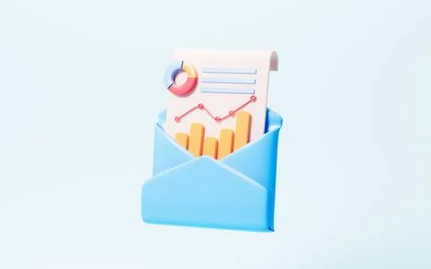 Cartoon financial data report in the opening mail, 3d rendering. Illustrazione stock