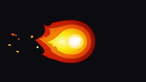 Cartoon fire ball flying with orange flames against dark background. 4K Video stock 343265258