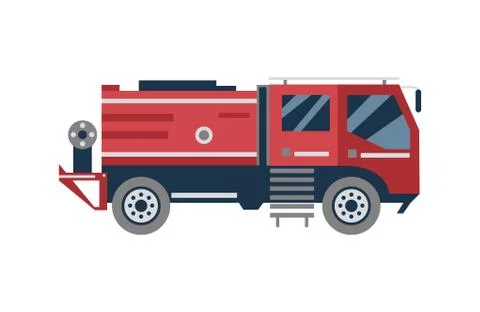 Cartoon fire engine truck from side view, isolated red firetruck 스톡 일러스트