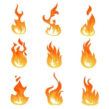 Cartoon fire flames vector set. Ignition light effect, flaming symbols Illustrazione stock