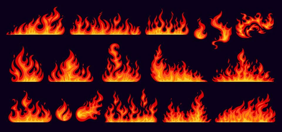 Cartoon fire flames, vector set of burn effects Stock Illustration