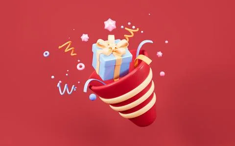 Cartoon firecracker and ribbons with explosion confetti. Birthday surprise,.. Stock Illustration