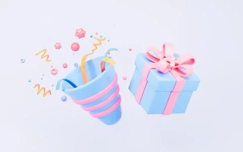 Cartoon firecracker and ribbons with explosion confetti. Birthday surprise,.. Illustrazione stock