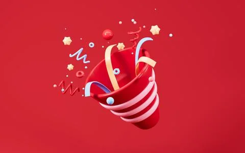 Cartoon firecracker and ribbons with explosion confetti. Birthday surprise,.. Stock Illustration