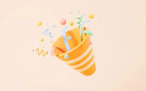 Cartoon firecracker and ribbons with explosion confetti. Birthday surprise,.. Stockillustratie
