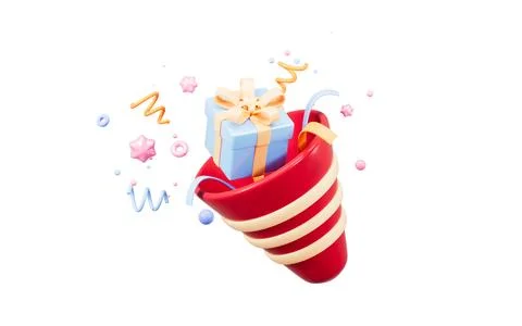 Cartoon firecracker and ribbons with explosion confetti. Birthday surprise,.. Illustrazione stock