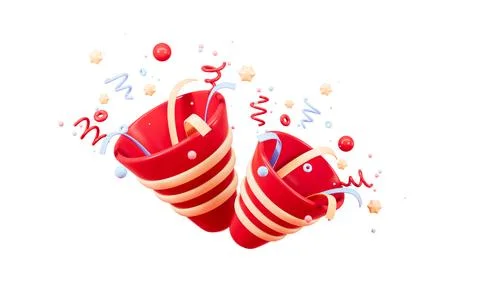 Cartoon firecracker and ribbons with explosion confetti. Birthday surprise,.. 스톡 일러스트