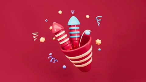 Cartoon firecracker and rocket with explosion confetti. Birthday surprise, .. Stock Footage 287739990