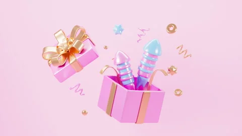 Cartoon firecracker and rocket with explosion confetti. Birthday surprise, .. Stock Footage 287740205