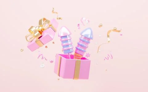 Cartoon firecracker and rocket with explosion confetti. Birthday surprise, .. Stockillustratie