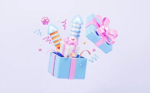 Cartoon firecracker and rocket with explosion confetti. Birthday surprise, .. 스톡 일러스트