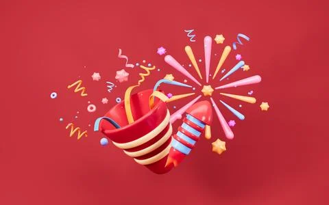 Cartoon firecracker and rocket with explosion confetti. Birthday surprise, .. Stock Illustration