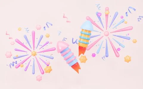 Cartoon firecracker and rocket with explosion confetti. Birthday surprise, .. Stock Illustration