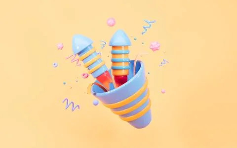 Cartoon firecracker and rocket with explosion confetti. Birthday surprise, .. Illustrazione stock