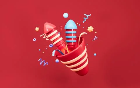 Cartoon firecracker and rocket with explosion confetti. Birthday surprise, .. 스톡 일러스트