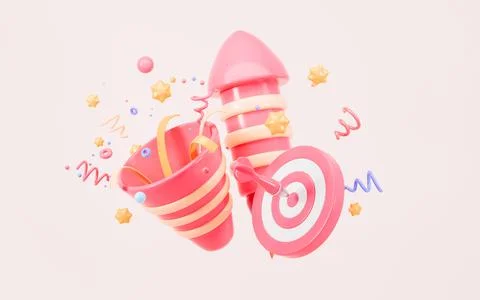 Cartoon firecracker and rocket with explosion confetti. Birthday surprise, .. 스톡 일러스트