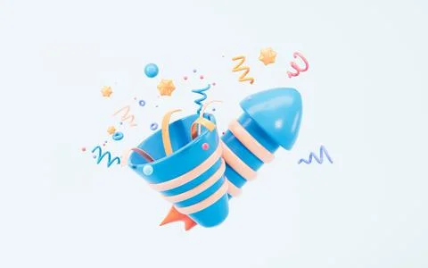 Cartoon firecracker and rocket with explosion confetti. Birthday surprise, .. Illustrazione stock