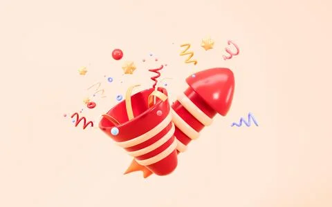 Cartoon firecracker and rocket with explosion confetti. Birthday surprise, .. 스톡 일러스트