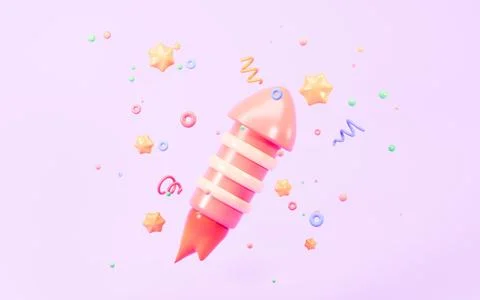 Cartoon firecracker and rocket with explosion confetti. Birthday surprise, .. Illustrazione stock