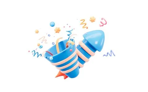 Cartoon firecracker and rocket with explosion confetti. Birthday surprise, .. Illustrazione stock