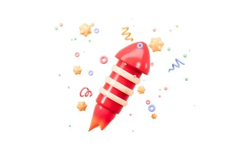 Cartoon firecracker and rocket with explosion confetti. Birthday surprise, .. Stock Illustration