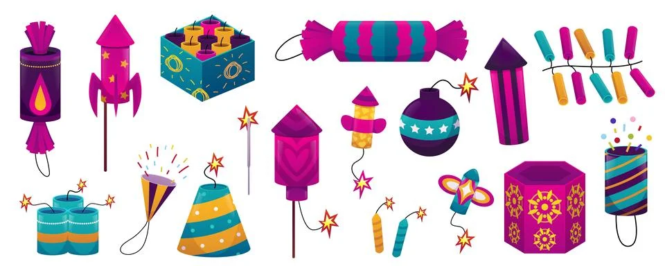 Cartoon firecrackers different forms vector icons set, colorful party firework Stock Illustration