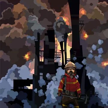 Cartoon firefighter on fire near an industrial building with pipes Stock Illustration