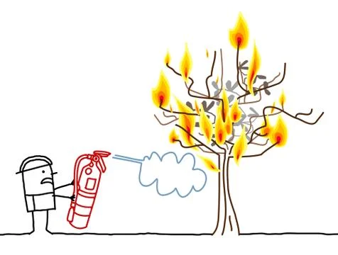 Cartoon Fireman and Burning Tree Stock Illustration