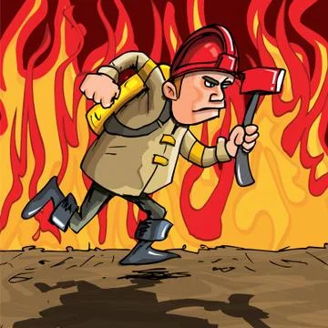 Cartoon fireman running with an axe Stock Illustration
