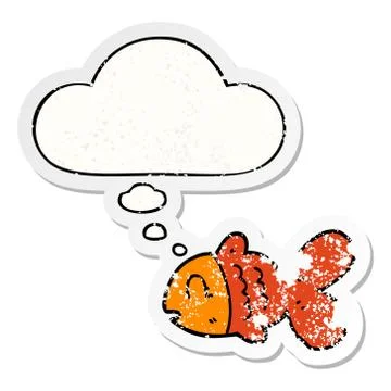 Cartoon fish and thought bubble as a distressed worn sticker Stock Illustration