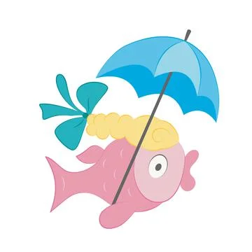 Cartoon fish with braid, bow and umbrella. Stock Illustration