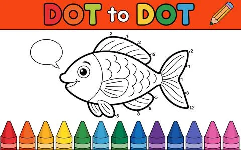Cartoon fish dot to dot activity with crayons and speech bubble Stock Illustration