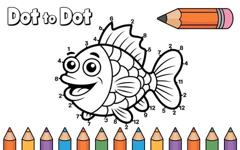Cartoon fish dot to dot activity with pencils connect the dots Stock Illustration