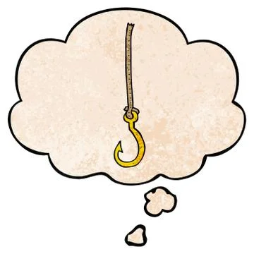Cartoon fish hook and thought bubble in grunge texture pattern style Illustrazione stock