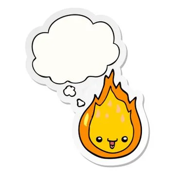 Cartoon flame and thought bubble as a printed sticker Illustrazione stock