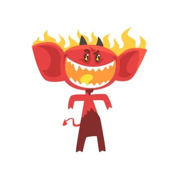 Cartoon flaming fire devil isolated on white. Angry red monster character with イラスト素材