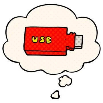 Cartoon flash drive and thought bubble in comic book style Stock Illustration